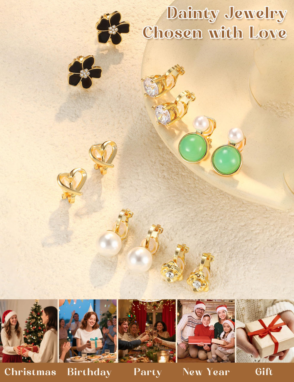 THUNARAZ 12 Pairs Gold Clip on Earrings for Women CZ Pearl Non Piercing