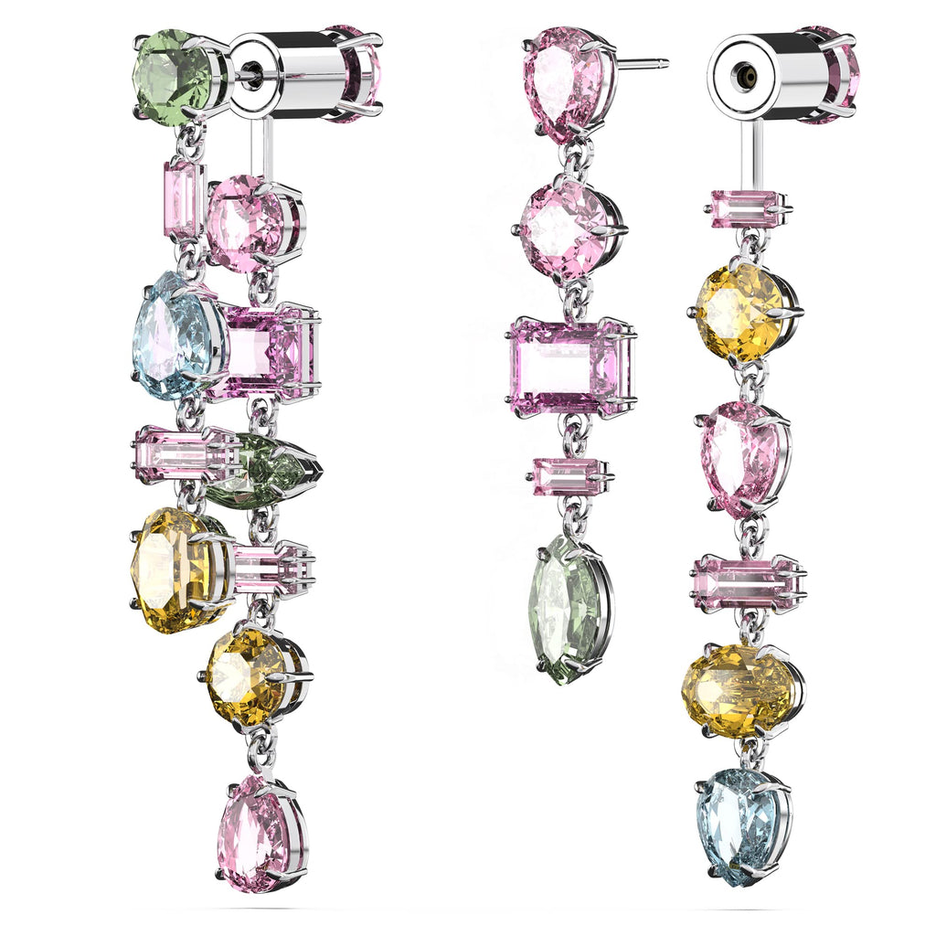 Swarovski Gema Drop Earrings, Asymmetrical design, Mixed cuts, Long, Multicolored, Rhodium Finish