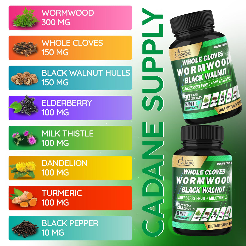Organic Cadane Wormwood Whole Cloves Black Walnut | Digestive & Herbal Support | Elderberry, Milk Thistle & More | Non-GMO, Vegan – 90 Capsules – 45-Day Supply