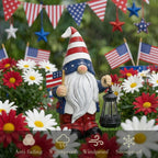 TERESA'S COLLECTIONS 4th of July Gnome Decorations with Solar Lantern, Memorial Day Decorations Resin Patriotic Garden Gnome Holding American Flag, USA 250th Anniversary Independence Day Gift 8"