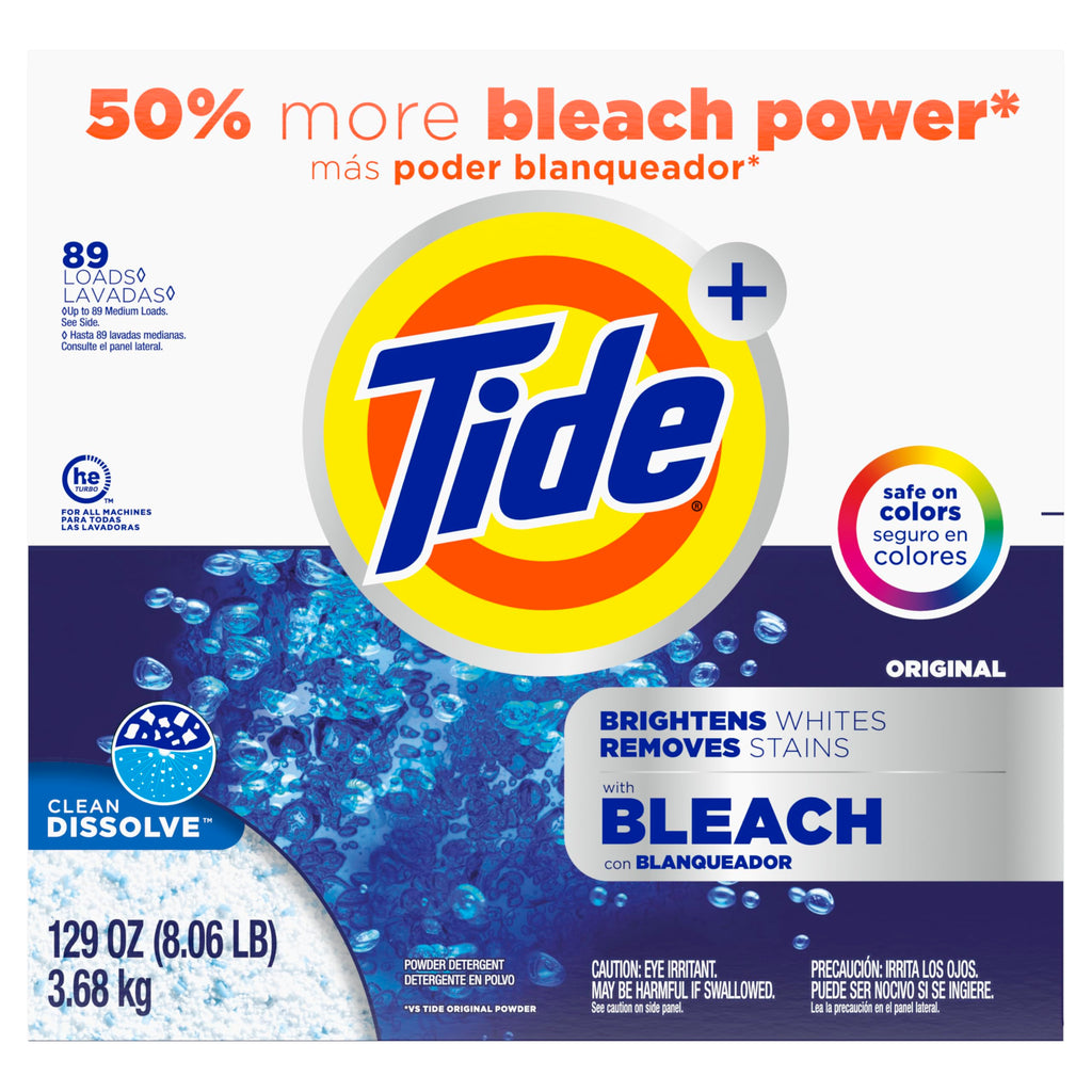 Tide Powder Laundry Detergent with Bleach, Original Scent, 89 Loads, 129 oz