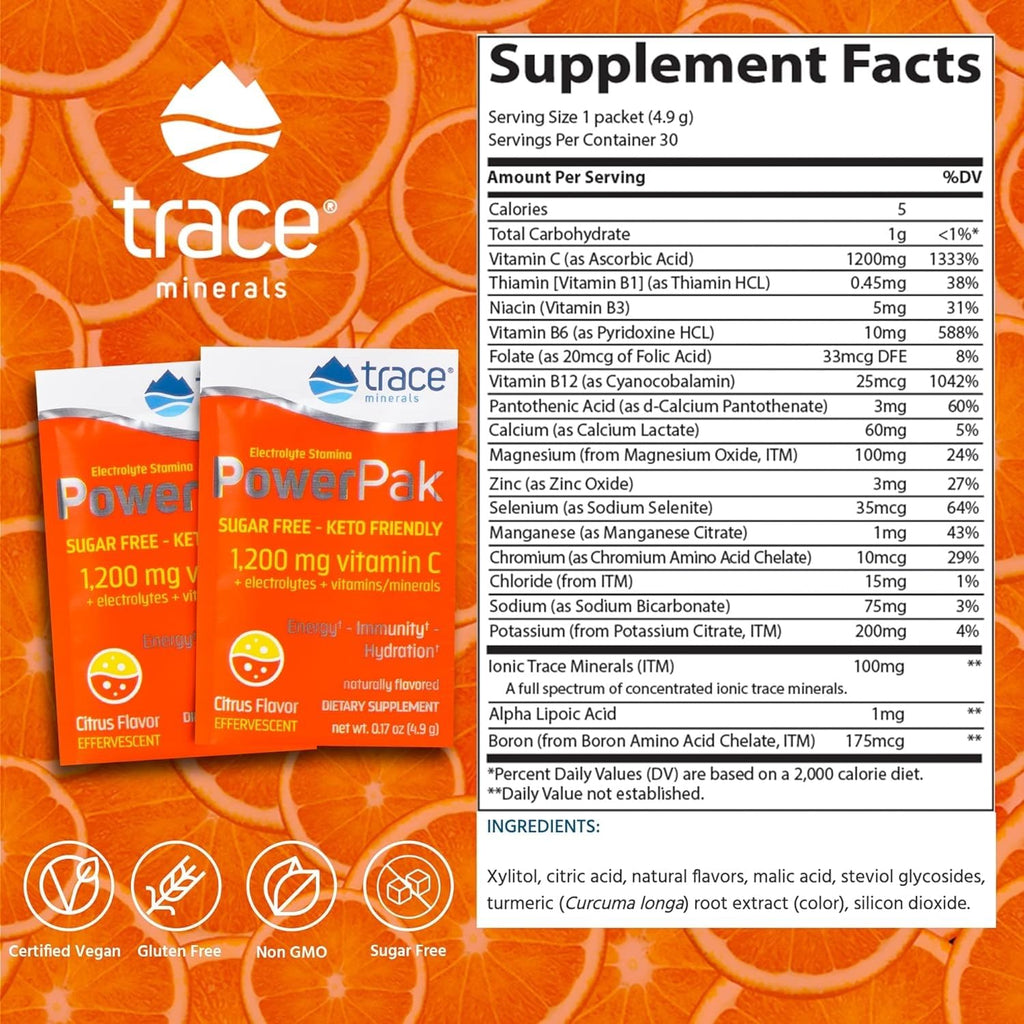 Trace Minerals Power Pak Multivitamin and Multimineral Packets - Electrolyte Support - 1200 mg Vitamin C plus 70+ Trace Minerals - Sugar Free - Citrus Flavor - 30 Packets
