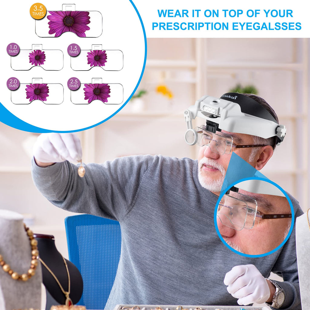 Dilzekui Headband Magnifying Glass with Light, Rechargeable Head Magnifying Glasses 1X to 14X, Magnifier Headset with 6 Detachable Lens, Hands Free Head Mount Magnifier for Close Work Jewelry Crafts