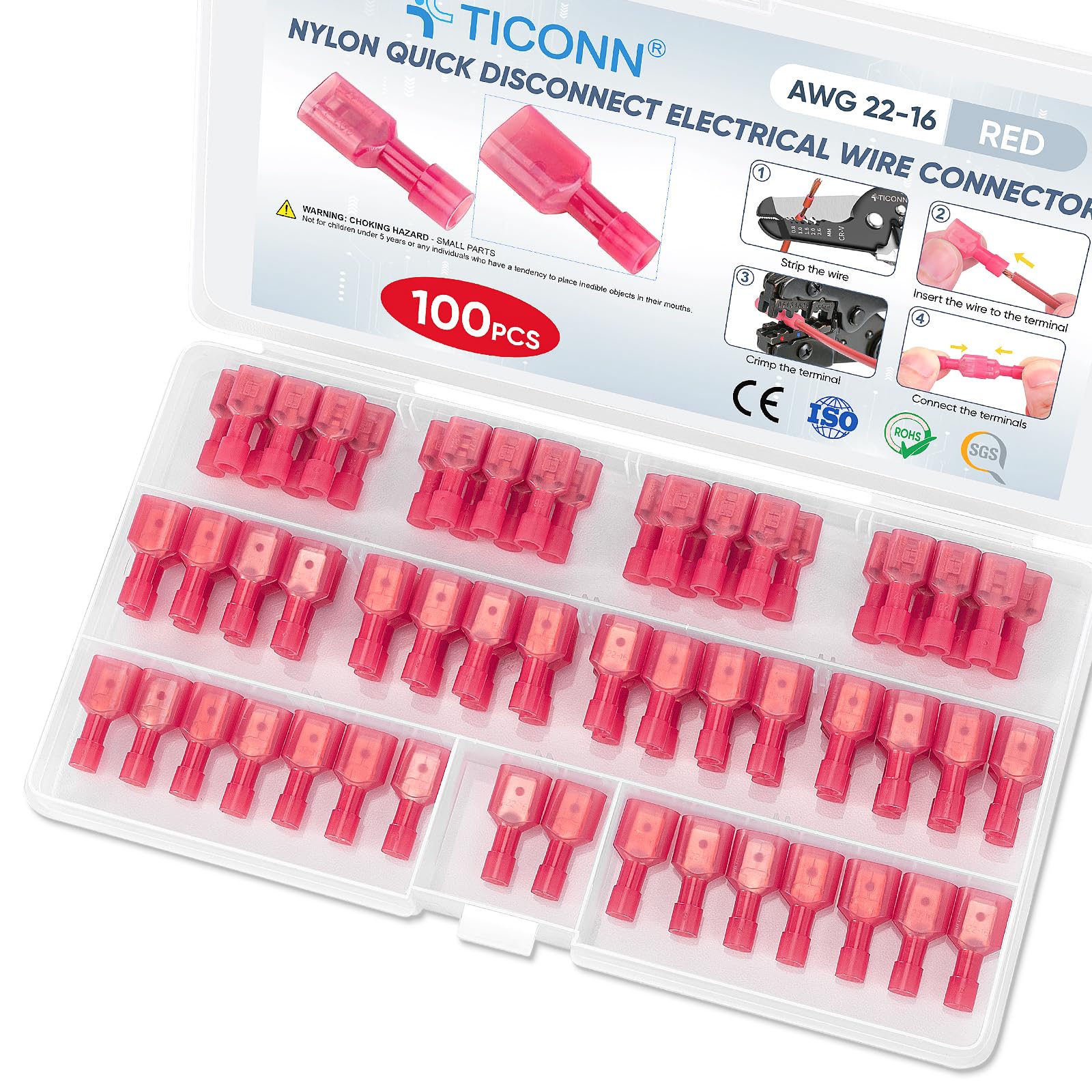 TICONN 100 Pcs Nylon Spade Connector Kit, Insulated Crimp Wire Connectors