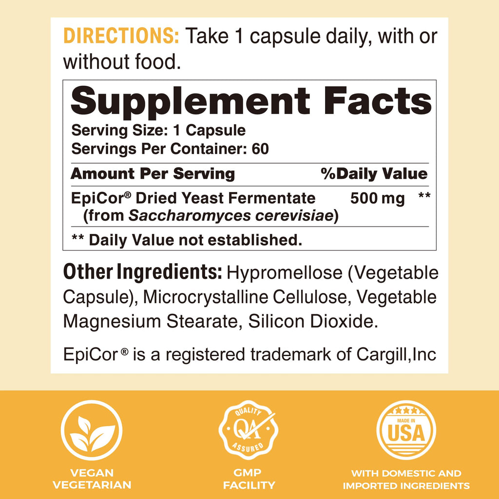 Vitamin World EpiCor 500 mg, Immune Health Support, Gluten Free, Vegetarian, 60 Capsules