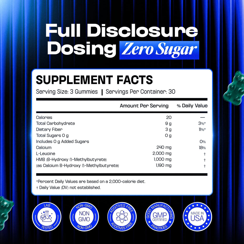 BOSCENT HMB and L-Leucine Gummies – 3000mg Muscle Support for Strength & Recovery | HMB Supplements for Men | Lean Muscle Growth Supplement | Vegan, Sugar Free | Blue Raspberry Flavor | 30 Servings