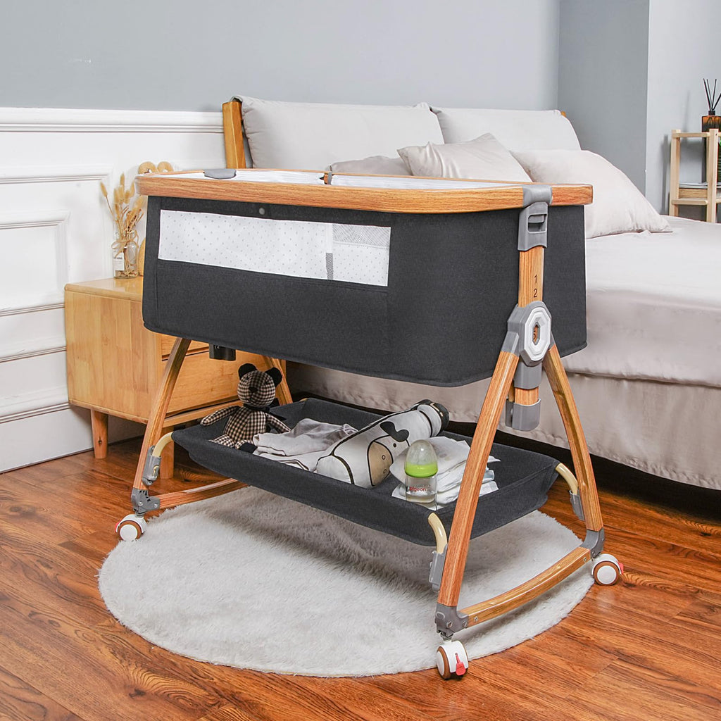 Komcot High Chair, Bedside Bassinet for Baby, 6 Height Adjustable Baby Bed, 3 in 1 Bassinet Bedside Sleeper with Wheels, Mosquito Net, Portable Bedside Crib for Infant/Baby/Newborn