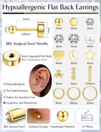 LOLIAS Hypoallergenic Surgical Steel Earrings for Sensitive Ears -14K Gold Plated Flat Back Earrings for Women Men- Small Stainless Steel Stud Hoop Earring Set Flatback Cartilage Earring Stacks
