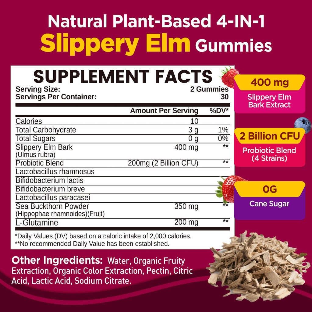 Slippery Elm for Women Gummies, Organic Slippery Elm Bark Extract with Probiotics, Sea Buckthorn, L-Glutamine for Gut & Digestive Health, Throat & Respiratory Support, Sugar Free, Vegan, 60 Gummies