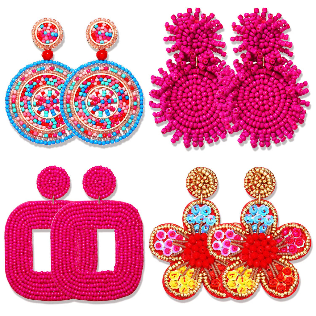 4 Pairs Beaded Earrings for Women Boho Geometric Beaded Dangle Earrings Statement Pineapple Flower Drop Earrings Colorful Summer Earrings Set Jewelry Gift (Style C)