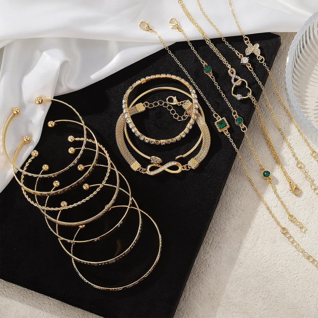 IFKM Gold Jewelry Set For Women, 14k Gold Plated Multi Layer Necklaces Bracelets Stackable Knuckle Rings Hoop Earrings set, Trendy Elegance Charms Non Tarnish Minimalist Textured Boho Jewelry Gift