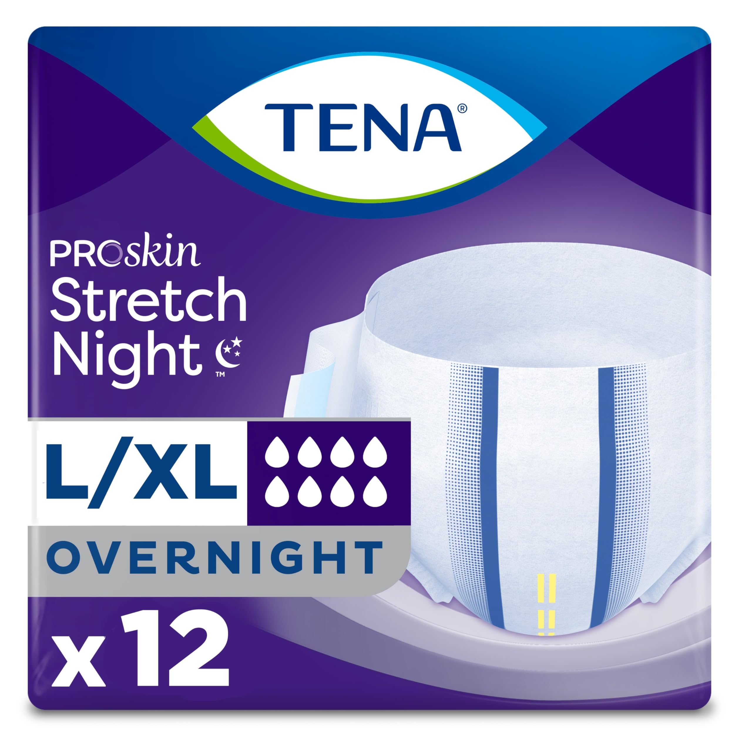 Tena ProSkin Overnight Incontinence Adult Diaper for Women & Men, Stretch, Large/Extra Large, 12 Count, Packaging May Vary