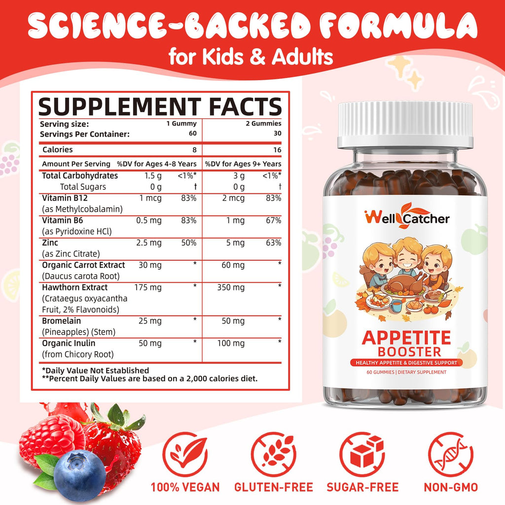 Wellcatcher Appetite Booster Gummies for Kids Adults: Picky Eater Vitamins Support Eat More Height Growth Gut Health & Nutritional Balance with Bromelain Hawthorn Zinc, Sugar Free 60CT