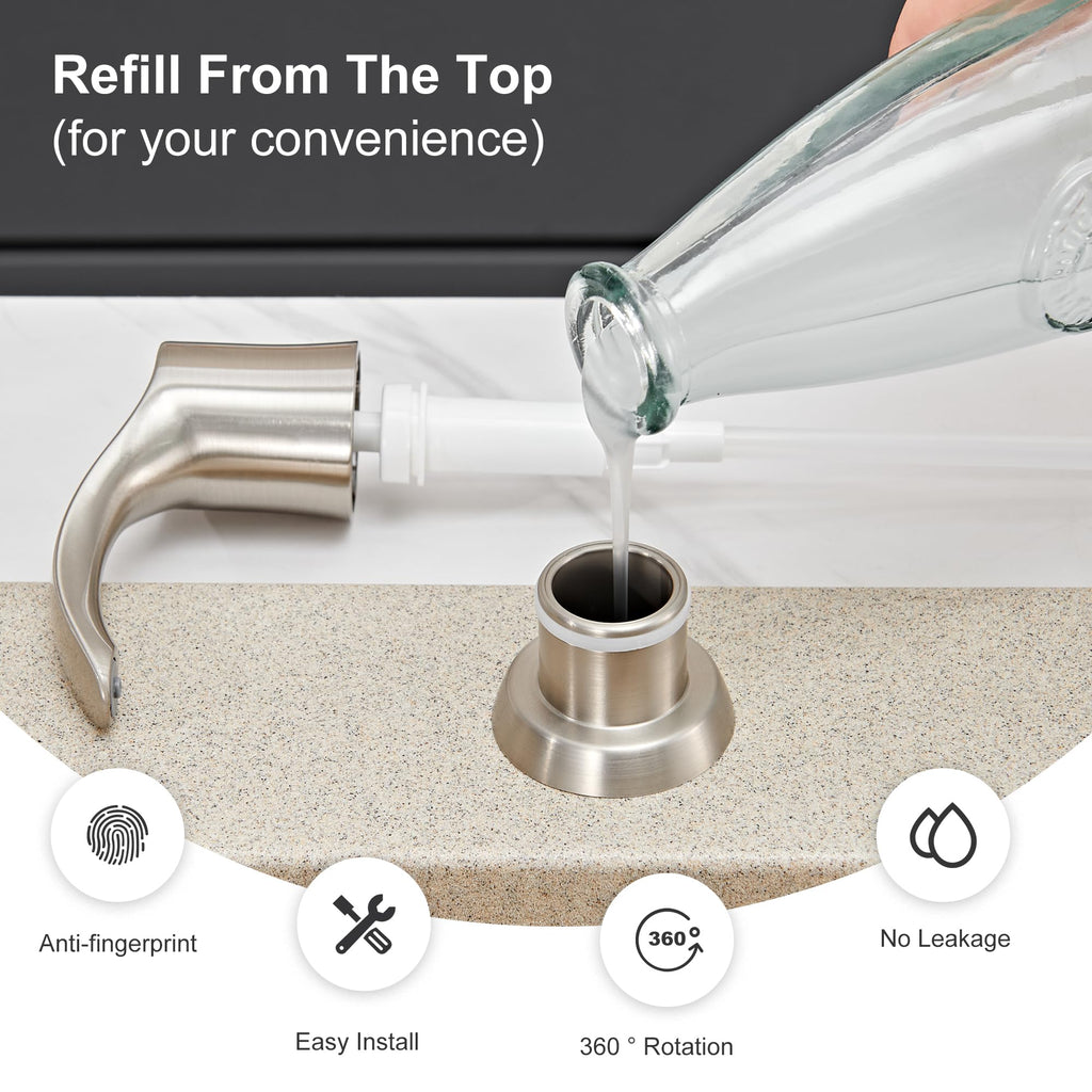 GAGALIFE Kitchen Sink Soap Dispenser with 17 Ounce Large Bottle (Brushed Nickel), Built in Sink Soap Dispenser Sink Mounted Soap Dispenser Refill from Top, G080BN