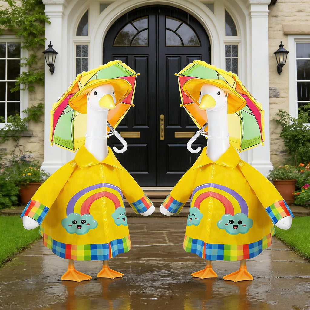 Raincoat Porch Goose Outfits,3 Pcs Waterproof Goose Outfit with Hat, Umbrella,and Raincoat,Funny Summer Lawn Goose Clothes,23" Yellow Cement Goose Statue Costume for Garden Patio Yard Decoration