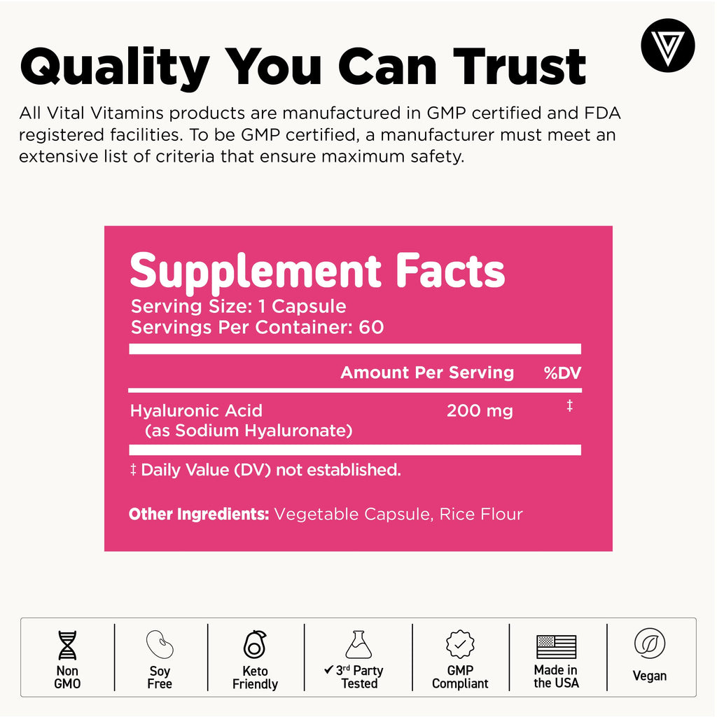 Vital Vitamins Hyaluronic Acid Supplements - Made with 200mg of Low Molecular Weight Hyaluronic Acid - Supports Skin Hydration & Elasticity from Within - 60 Capsules, 60 Servings
