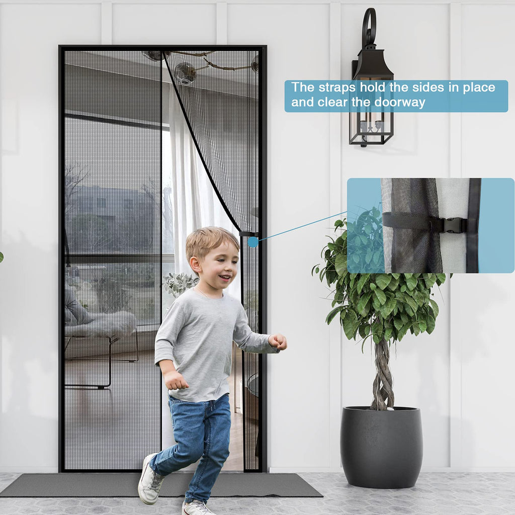 YRH Fiberglass Magnetic Screen Door,Heavy Duty Enhanced Fiberglass Mesh, Self-Sealing Closure with Stay Open Buckles (Fit for Door Size:34x82 Inch,Screen Itself Size:36x84 Inch,Black)