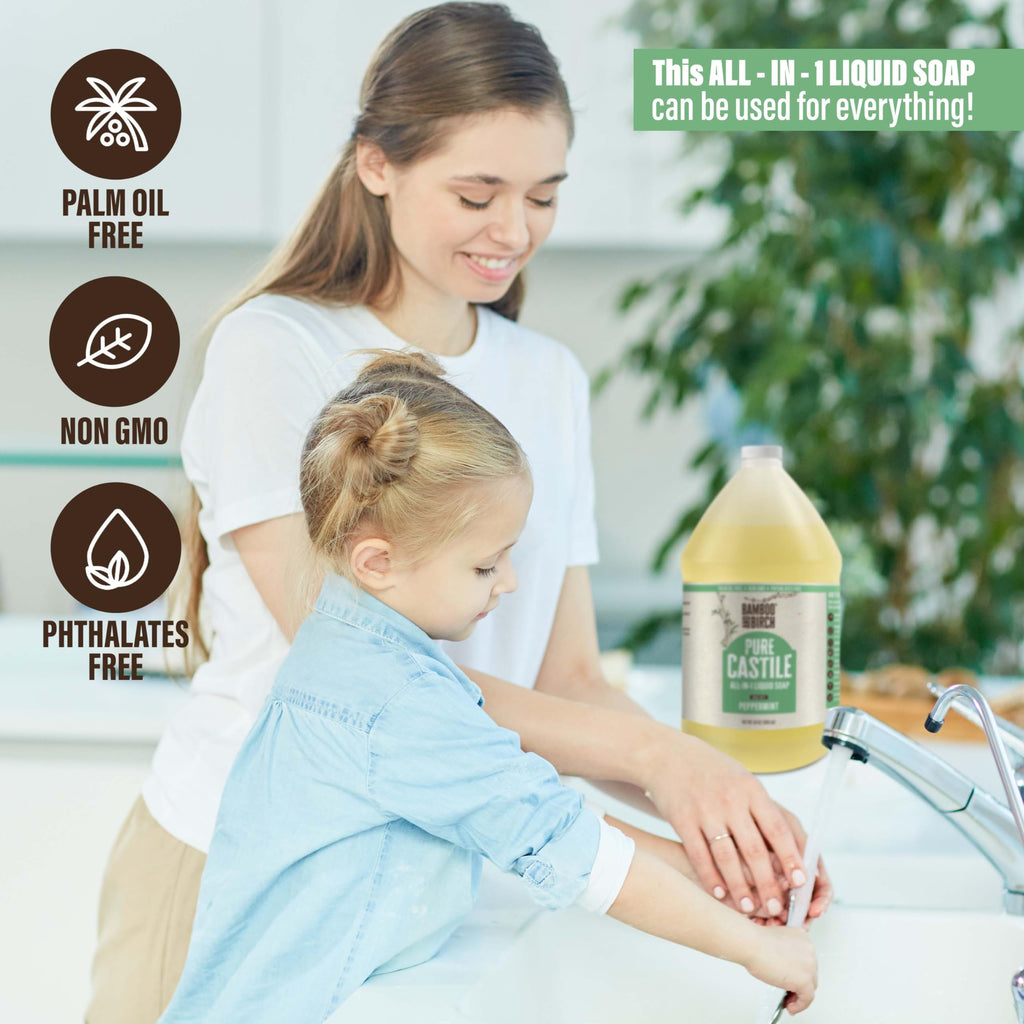 BAMBOO AND BIRCH Pure Castile Soap Liquid, Certified Palm Oil Free Natural Soap, Peppermint, 64 oz
