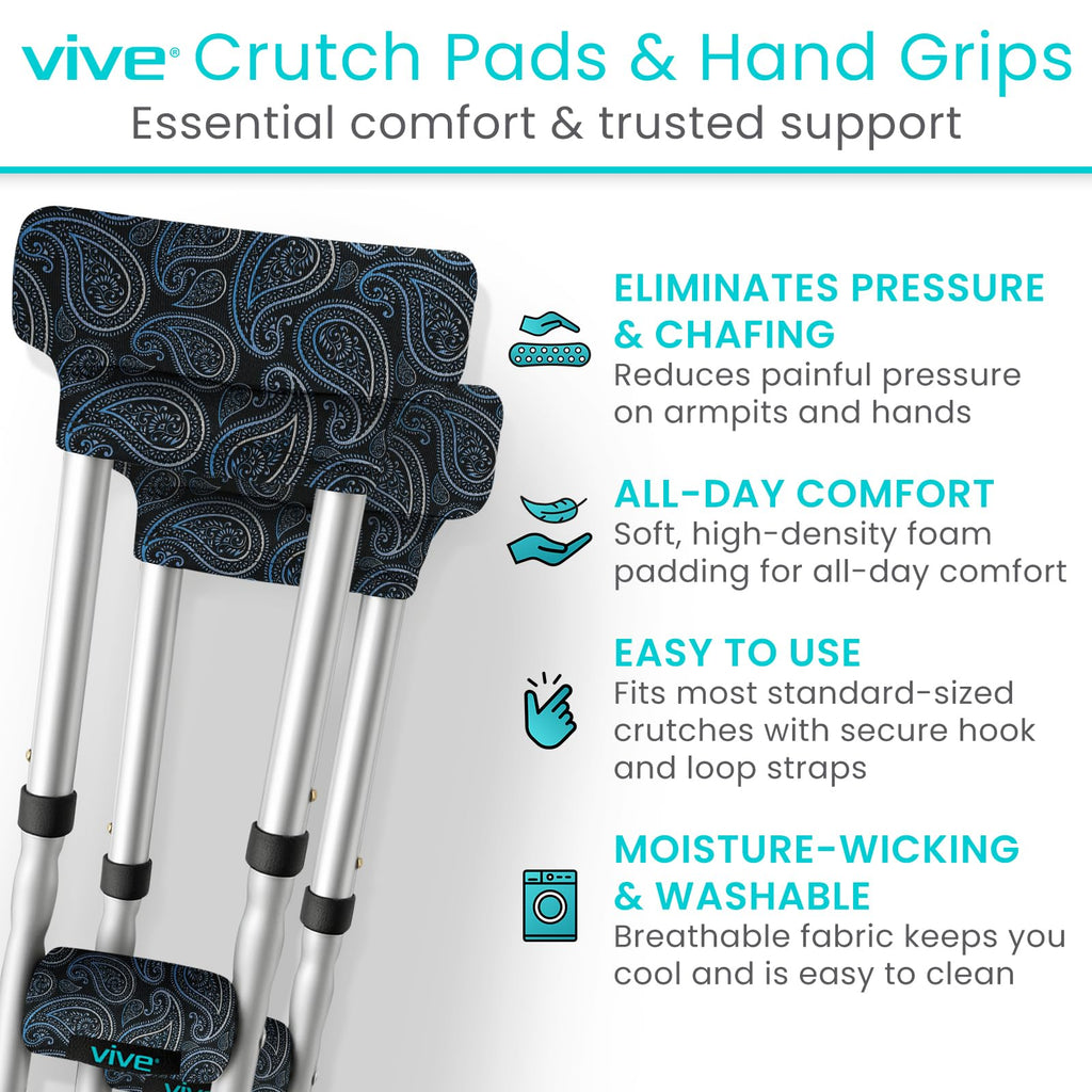 Vive Crutch Pads for Armpits and Hand Grips - Pads for Crutches Handles and Underarms - Crutch Cushions Covers - Soft Padded Under Arm Cover - Crutch Accessories for Women, Men, Kid (1 Pair, Paisley)