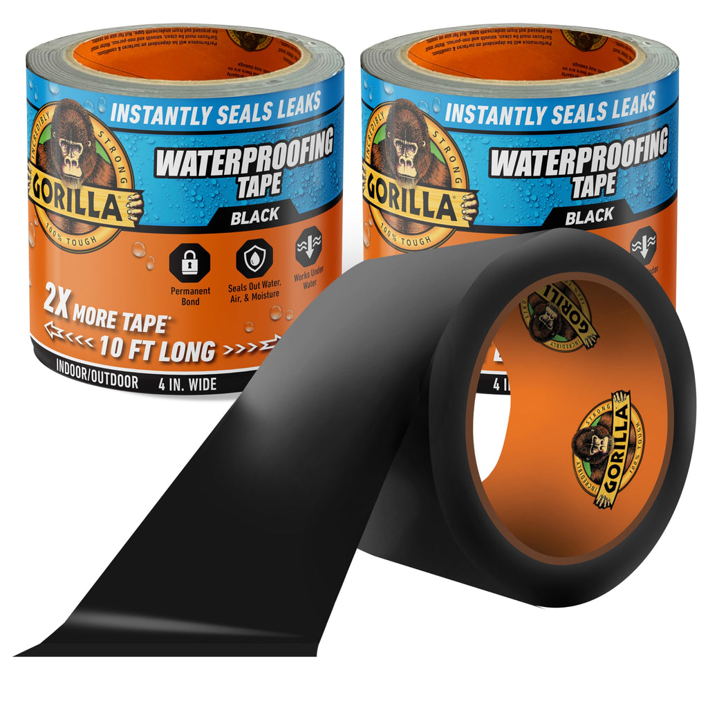 Gorilla Waterproofing Tape, Black, 4" x 10' (Pack of 2) - Permanent Weather Resistant Seal for Leaks and Repairs
