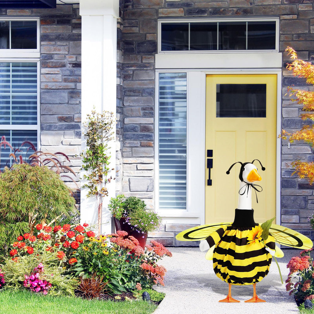 FuWeave Summer Bee Porch Goose Outfit for 23" Porch Goose Clothes with Bee Wings Sunflower for Spring Summer Outdoor Statue Garden Deck Patio Yard Lawn Art Decoration