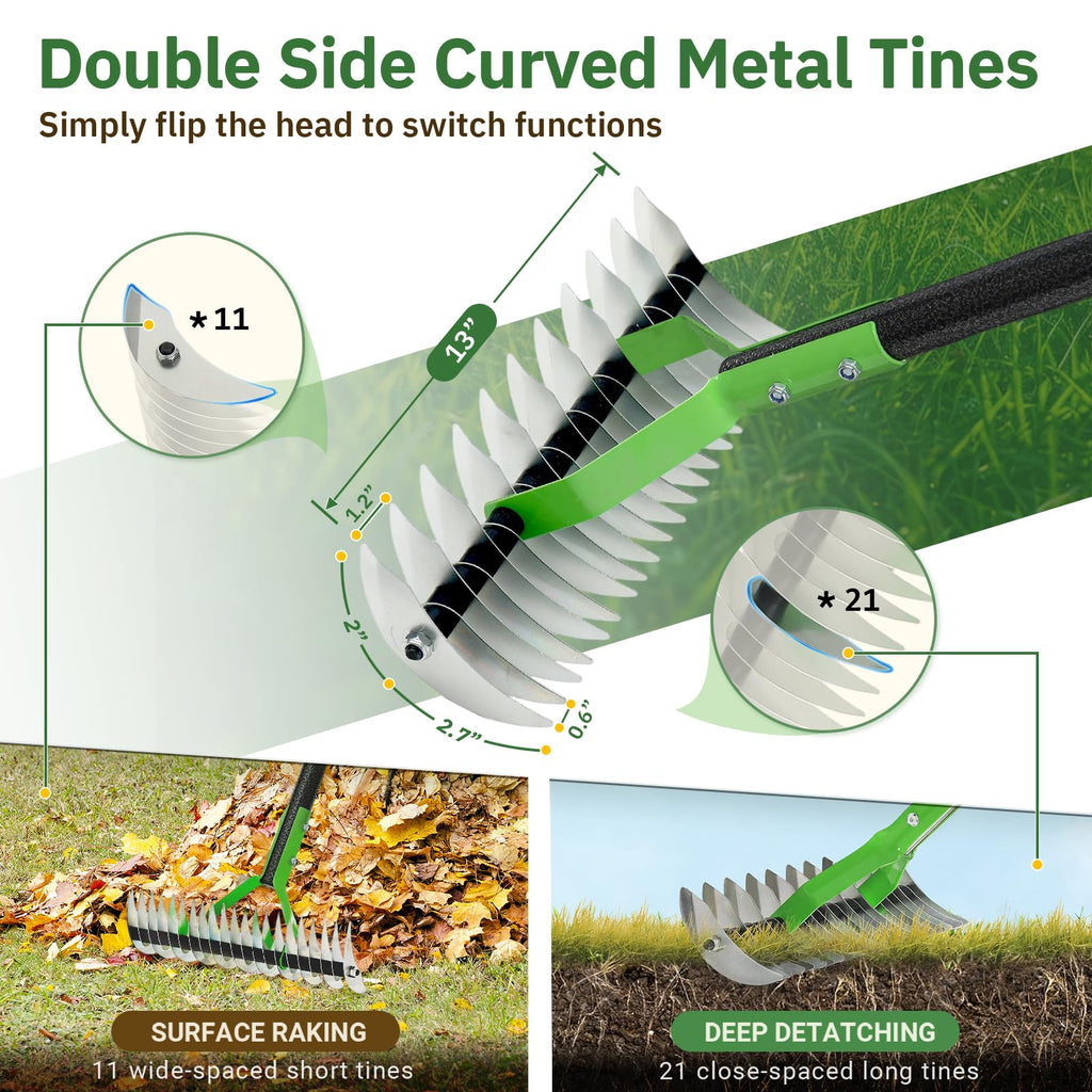 Thatch Rake, 13" Wide Efficient Dethatcher Rake with 55" Adjustable Long Handle, Heavy Duty Steel Metal Dethatching Rakes for Cleaning Dead Grass, Loosening Soil, Lawn Care in Yard Garden