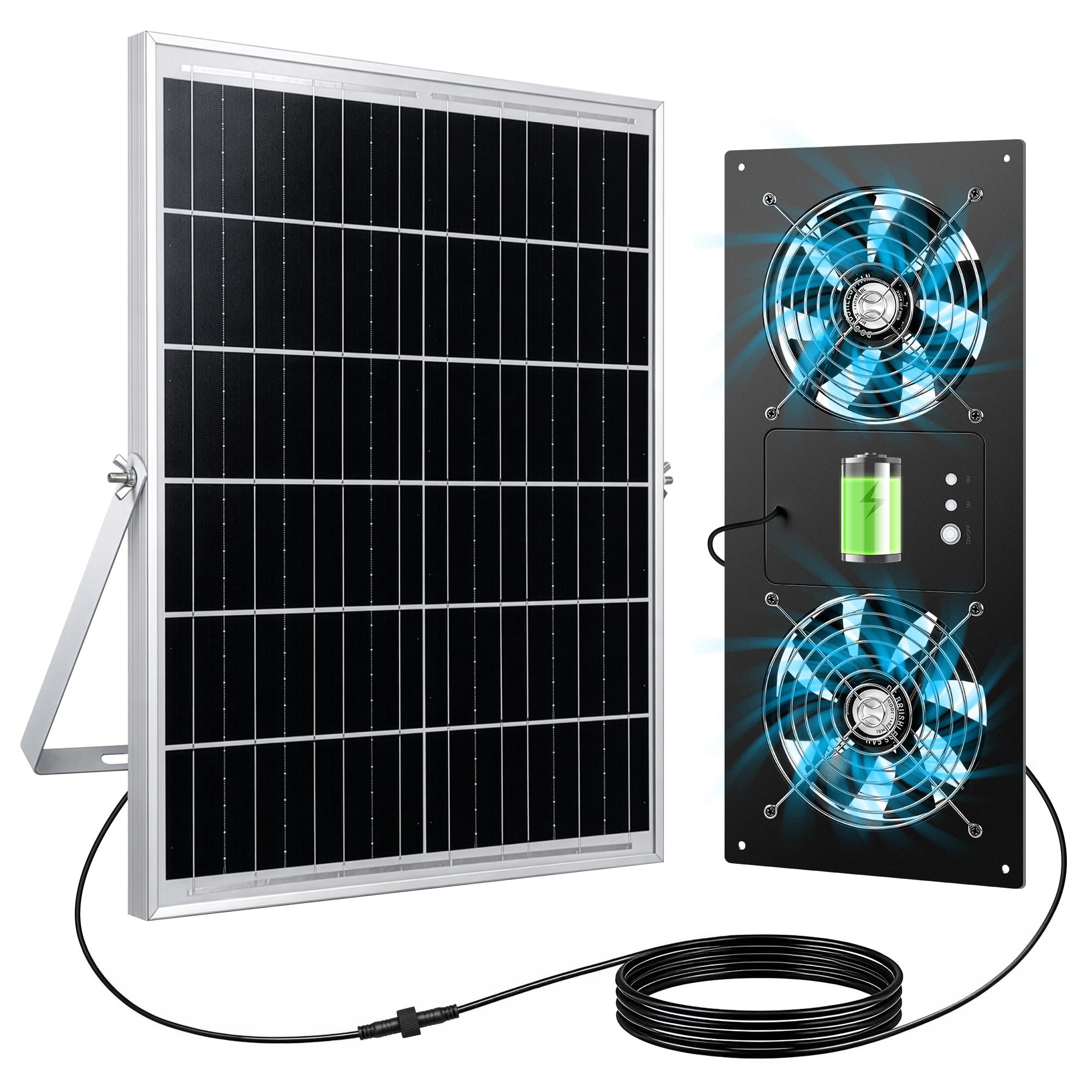 ropelux Solar Fan for Chicken Coop, Solar Powered Dual Exhaust Fans with 18000mAh Battery & 2 Timers, 24/7 Strong Airflow Cooling Ventilation for Greenhouses, Dog Houses, Attics, Sheds, Cabins