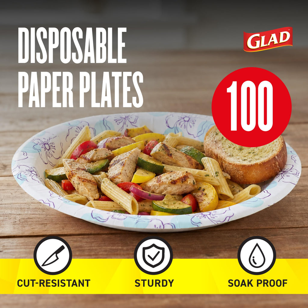 Glad Round Disposable Paper Plates, Blue Flower Design, 10 Inch, 100 Count – Soak-Proof & Cut-Resistant – For Dinner, Snacks & Everyday Use