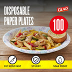 Glad Round Disposable Paper Plates, Blue Flower Design, 10 Inch, 100 Count – Soak-Proof & Cut-Resistant – For Dinner, Snacks & Everyday Use