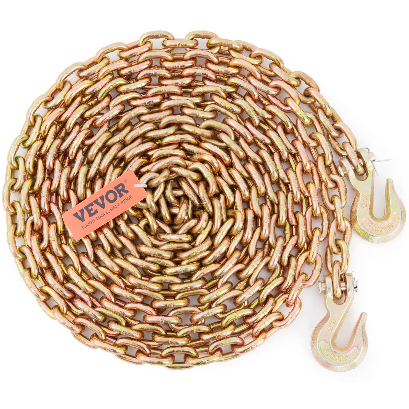 VEVOR Transport Binder Chain, 5/16''x20' Tow Chain with Grab Hooks, 4900lbs Safe Working Load, G80 Heavy Duty Chain, Logging Chain for Transporting Towing, Tie Down Binding Equipment