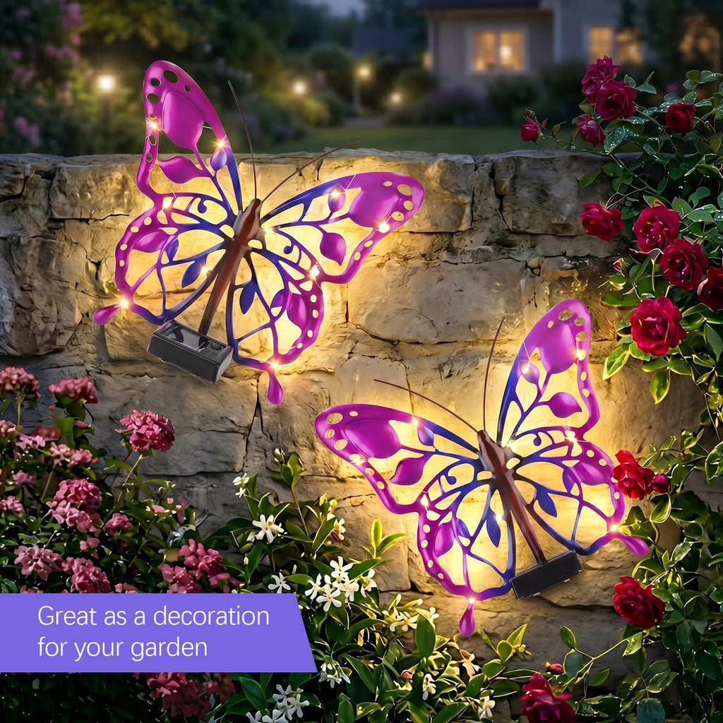 2 Pack Solar Butterfly Lights LED 9.8" Metal Butterfly Outdoor Wall Decor