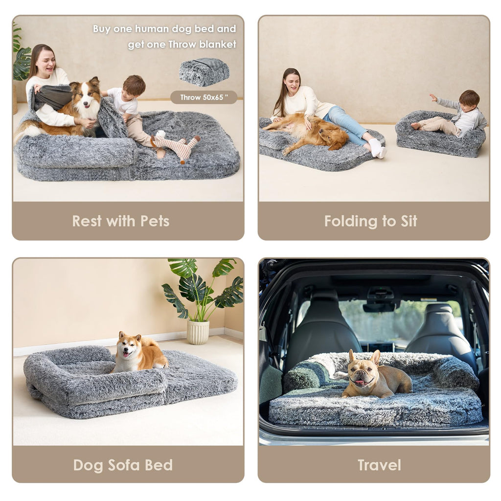 EHEYCIGA Foldable Human Dog Bed, 72"x44"x11" Orthopedic Memory Foam Human Sized Dog Bed, Waterproof Pet Bed for People, Faux Fur Pet Couch for Adult with Non-Slip Bottom, Grey