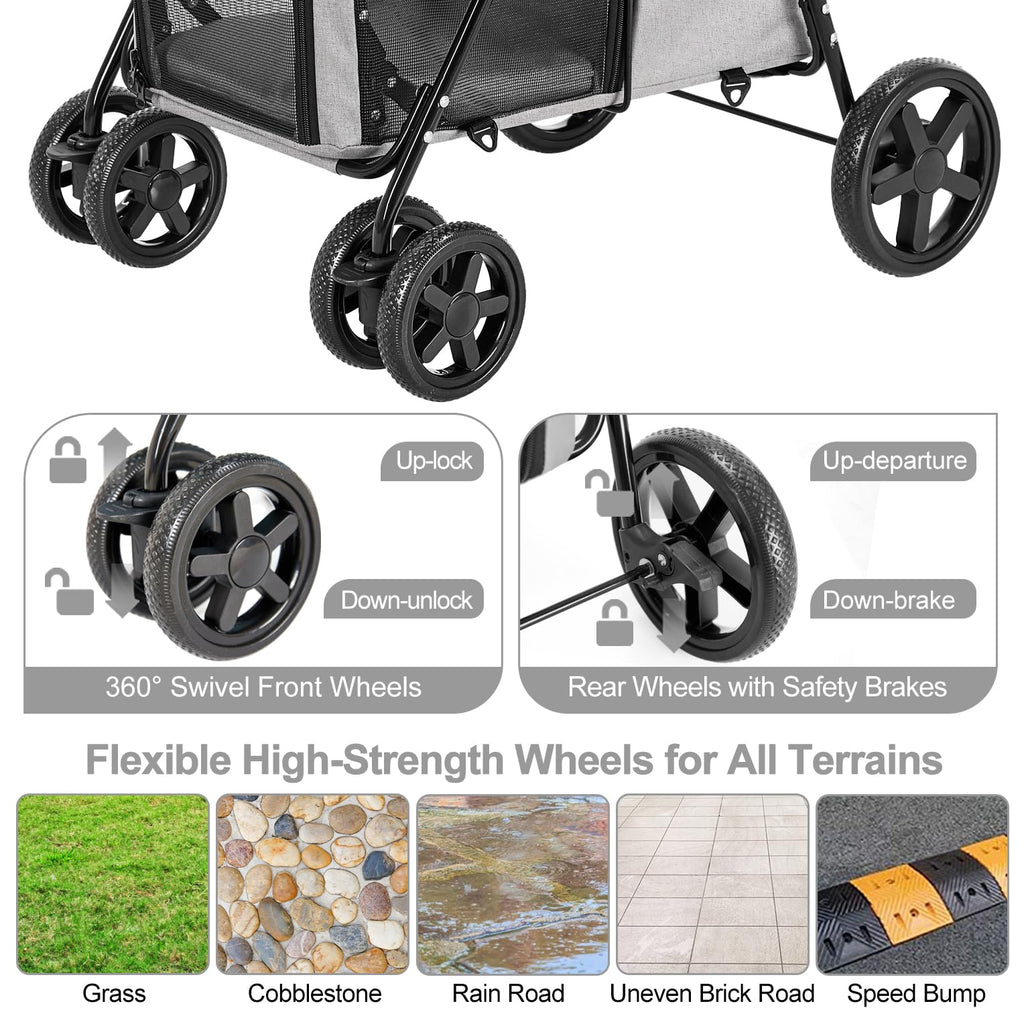LPOTIUS Double Pet Stroller for Dogs and Cats with 2 Detachable Carrier, Quick-Folding Dog Stroller for Medium Small Dogs Cats, 4 Wheels, Light Gray