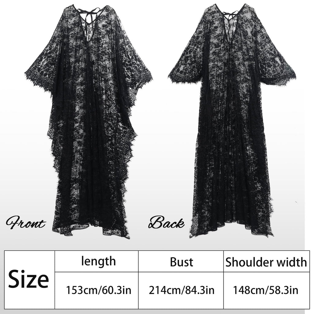 Mepase Boho Witch Lace Kimono Kaftan Dress Robe Beach Bikini Swimsuit,Black