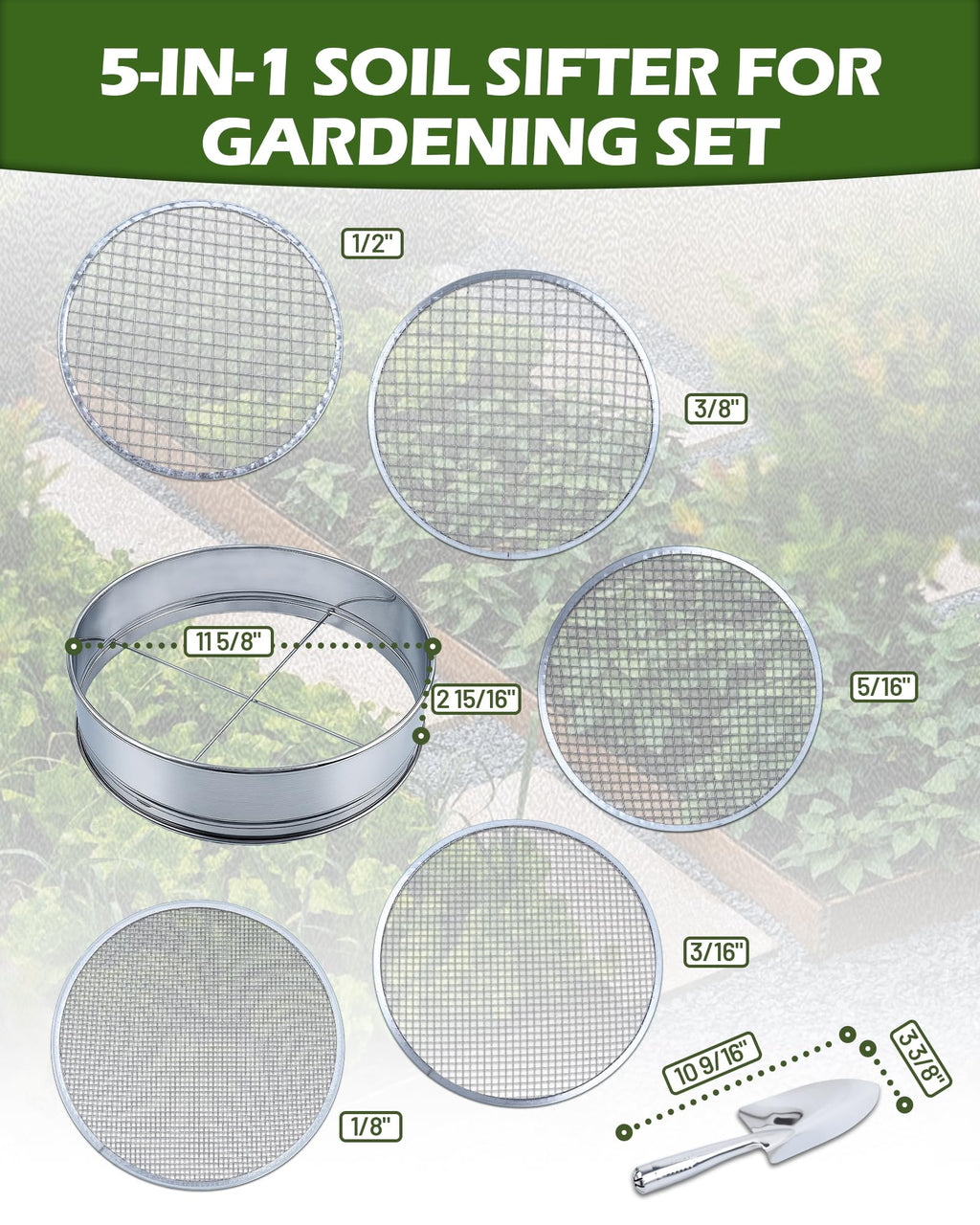 HIPULX 5-in-1 Soil Sifter Set with 5 Replaceable Stainless Steel Mesh Screen & Shovel (1/8" to 1/2"), Soil Sifter for Soils, Compost, Bonsai, Cat Litter and More（11-5/8" Diameter）