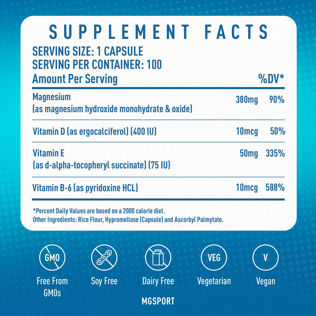 MGSPORT Magnesium Supplement 380mg - High Absorption Magnesium Complex Formula with Vitamins B6, D, E - Supports Muscle Function and Sleep Quality - 100 Servings