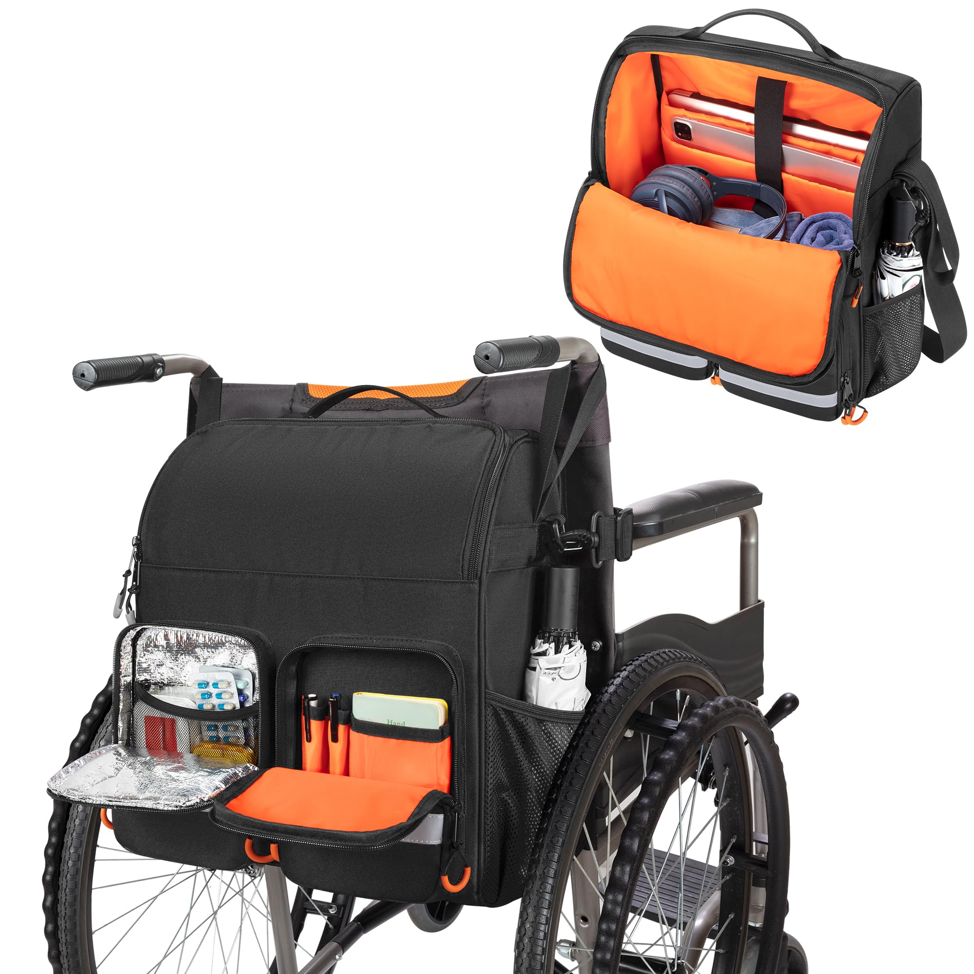 samdew Large Wheelchair Bag to Hang on Back, Wheelchair Accessories Backpack for Adult & Senior, Wheelchair Pouch with Medicine Storage Insulation Pocket & Shoulder Strap, Bag Only
