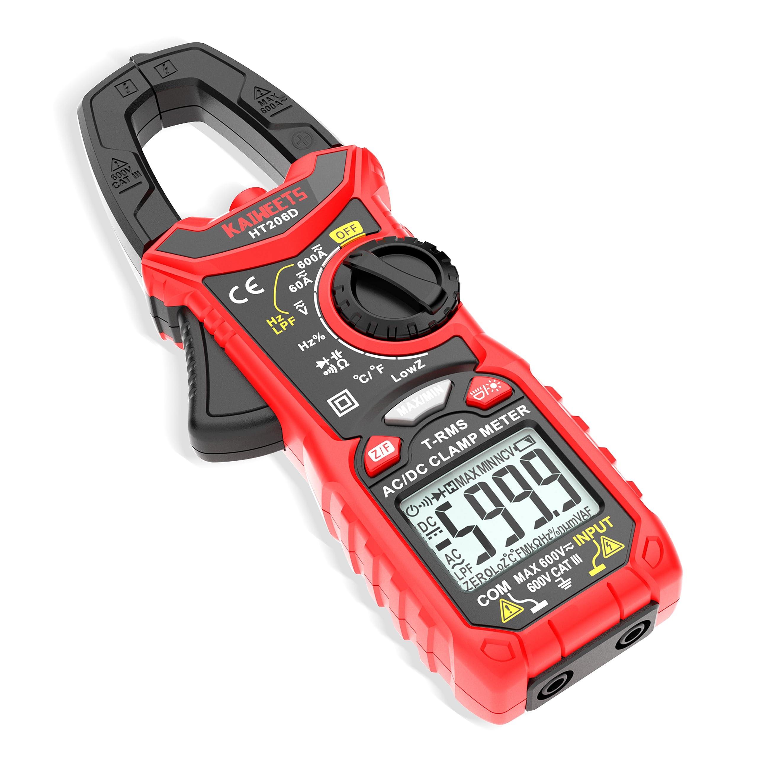 KAIWEETS HT206B Digital Clamp Meter T-RMS 6000 Counts, Multimeter Voltage Tester Auto-ranging, Measures Current Voltage Temperature Capacitance Resistance Diodes Continuity Duty-Cycle (AC Clamp Meter)