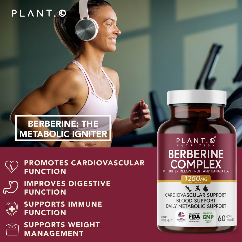 PLANT.O NUTRITION Berberine Supplement - 10xHigher Absorption Berberine HCI Complex with Bitter Lemon & Banaba Leaf - Cholesterol & Metabolic Clinically Researched Support - 60 Capsules Non-GMO
