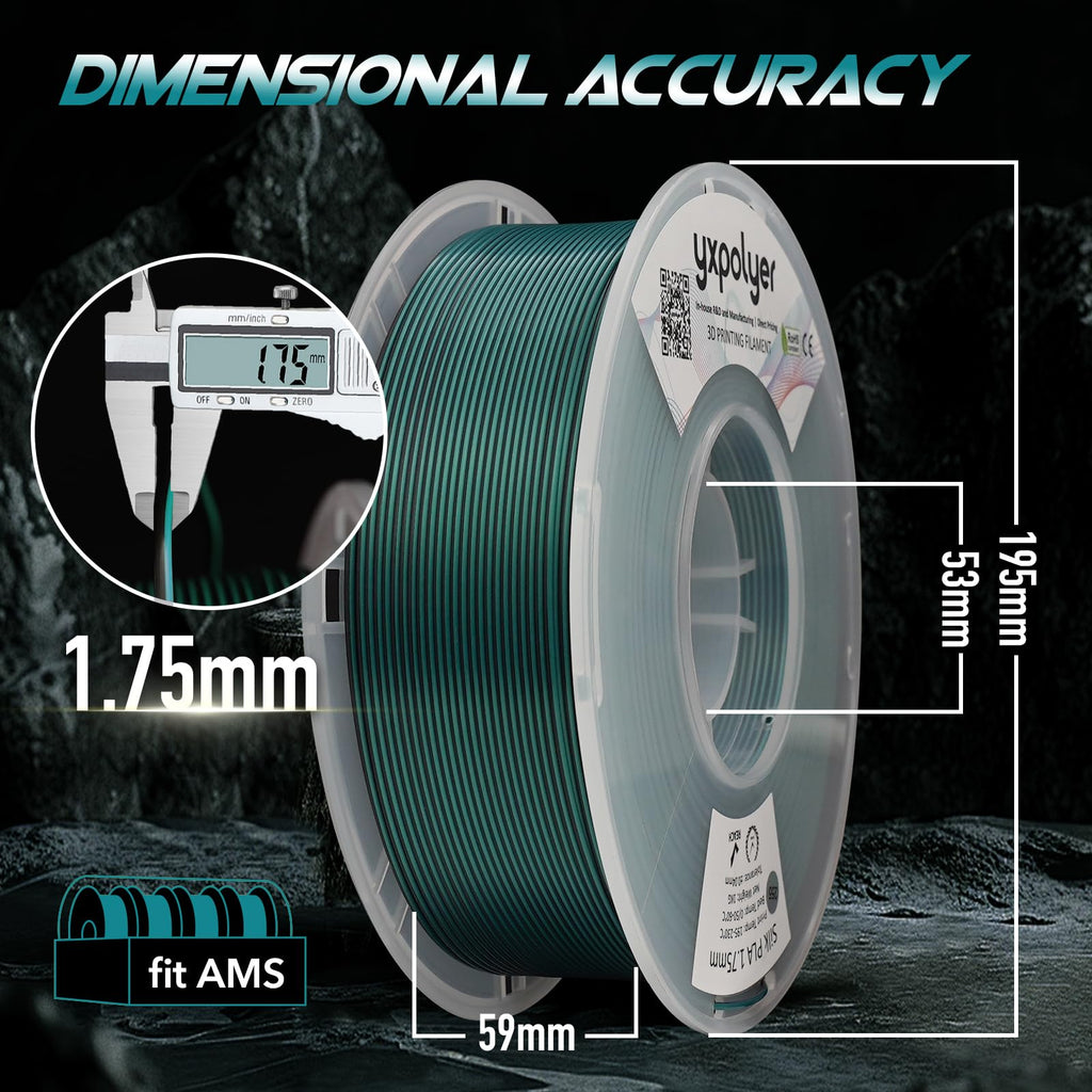 YXPOLYER PLA Filament Premium 2-Color Silk PLA 3D Printer Filament 1.75mm 1kg, Dual Color Black and Green Dual-Color Printing