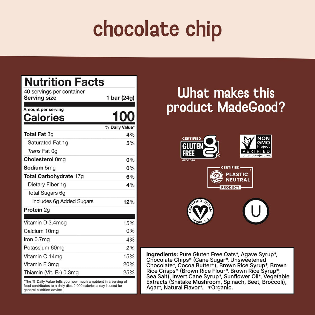 MadeGood Chocolate Chip Chewy Granola Bars, 40-Pack, Gluten Free Snacks