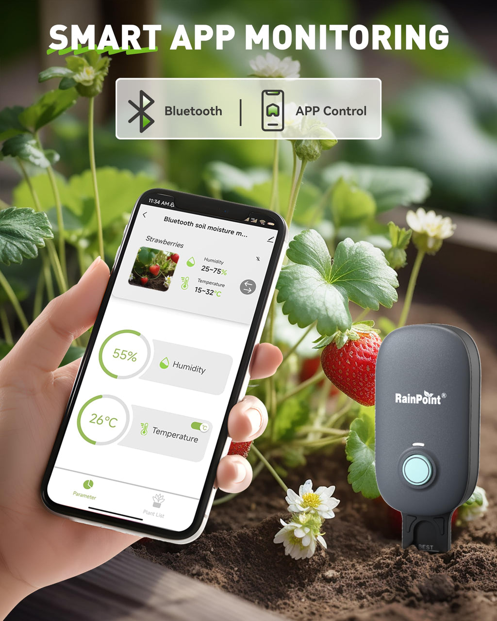 RAINPOINT Bluetooth 2-in-1 Soil Moisture & Air Temp Meter, App Remote Monitoring, 20 Plant Database, Compatible with WiFi Hub TWG009 & Water Timer ITV102b