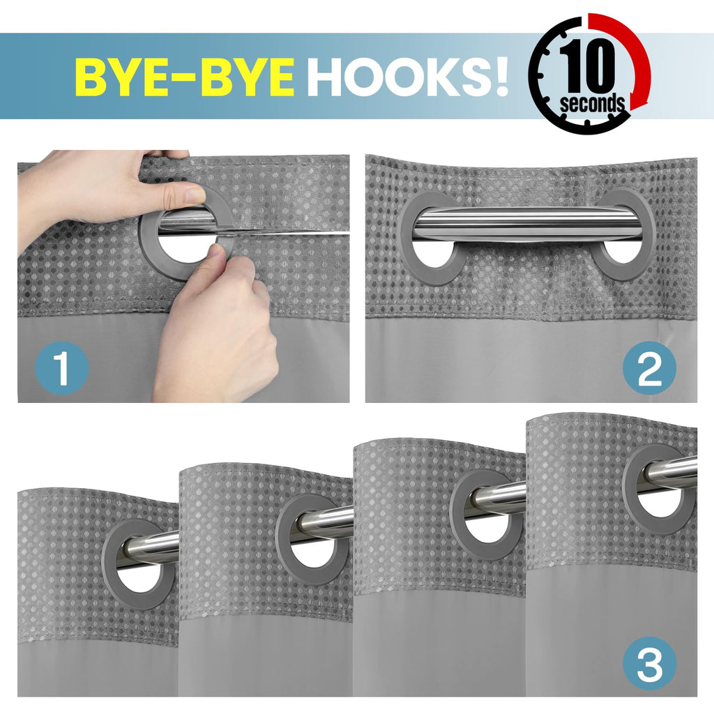 Ringless Waffle Shower Curtain with Snap in Liner Set,  71x74, Grey