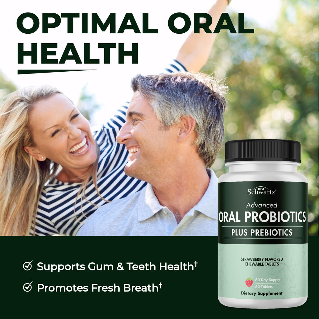 Oral Probiotics Supplement with Prebiotics - Supports Healthy Teeth Gums Mouth and Fresh Odorless Breath for Adults - Strawberry Flavored Chewable Dental Probiotic (60 Tablets, 60 Day Supply)