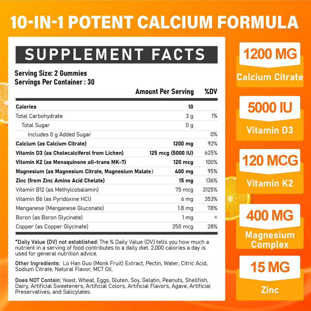 Calcium 1200 mg with Vitamin D3 Supplement for Adults - Calcium Gummies with 5000iu Vitamin D3, K2, B6, B12, Magnesium & Zinc - Calcium Supplement for Women Men - Easy to Digest, Vegan (1 pack)