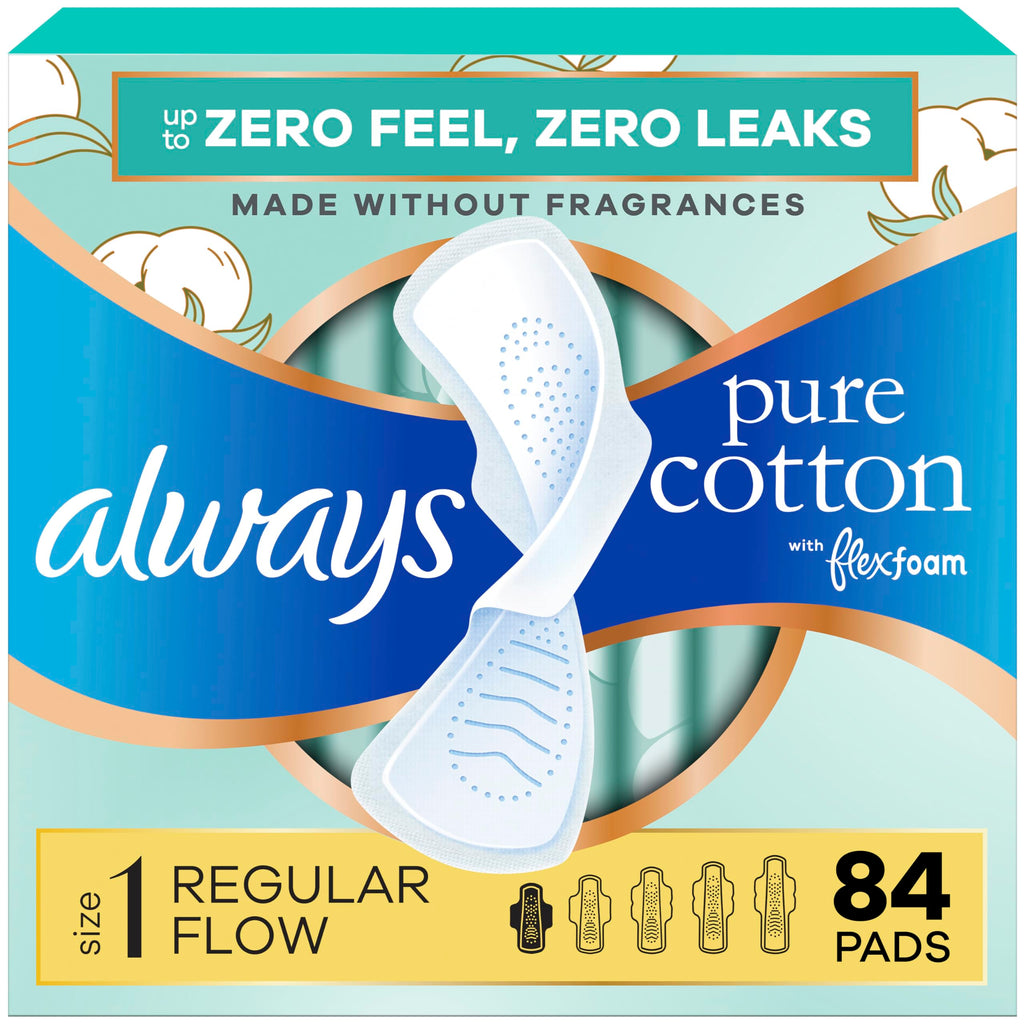 Always Pure Cotton Feminine Pads for Women, FlexFoam Pads with Wings, Size 1, Regular Absorbency, Unscented, 84 Count (3 Packs of 28)
