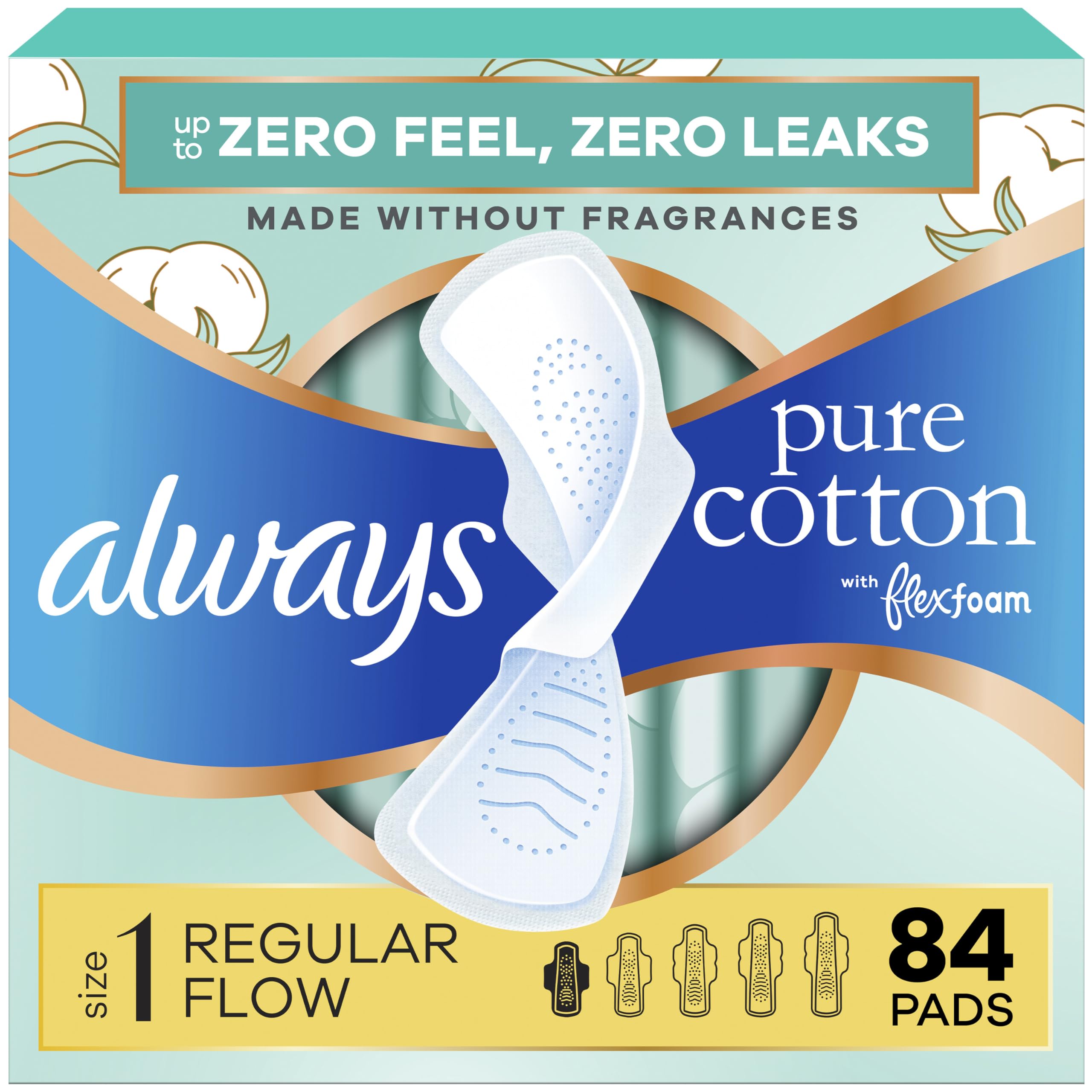 Always Pure Cotton Feminine Pads for Women, FlexFoam Pads with Wings, Size 1, Regular Absorbency, Unscented, 84 Count (3 Packs of 28)