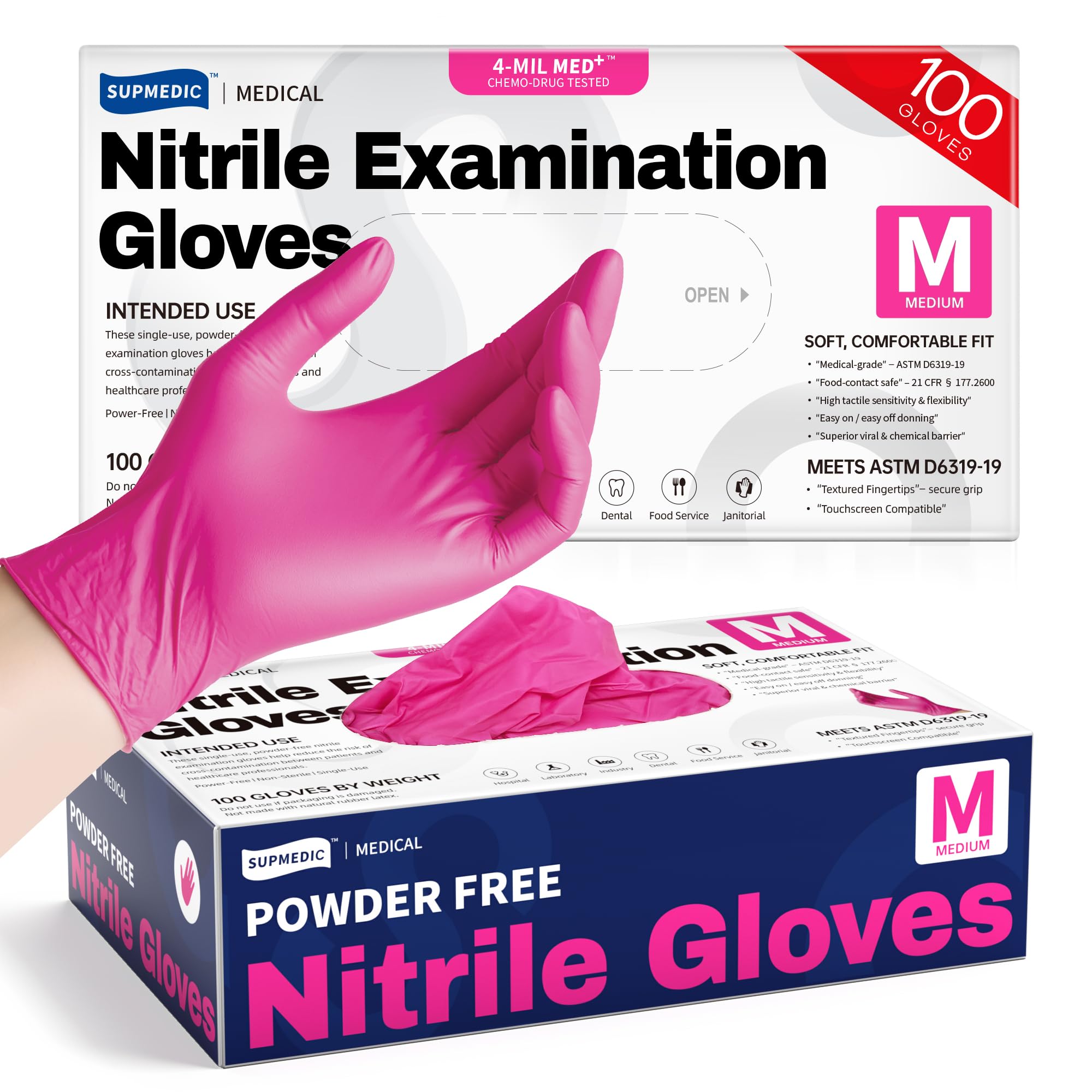 Supmedic Nitrile Exam Gloves, 4 Mil 100 Pcs Powder-Free Latex-Free Cooking Food-Safe Disposable Medical Gloves, Rose Orchid (Medium)