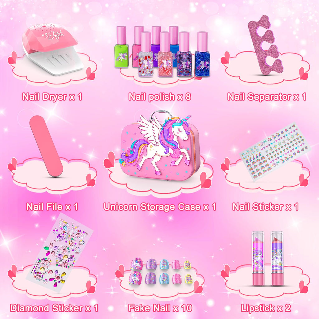 Glisiol Kids Nail Polish Set for Girls Toys, Washable Quick-Dry Toddler Nail Art Kit with Air Cooling Dryer and Cosmetic Case, Christmas or Birthday Gifts for Girls Ages 3 4 5 6 7 9 10 11 12-Pink