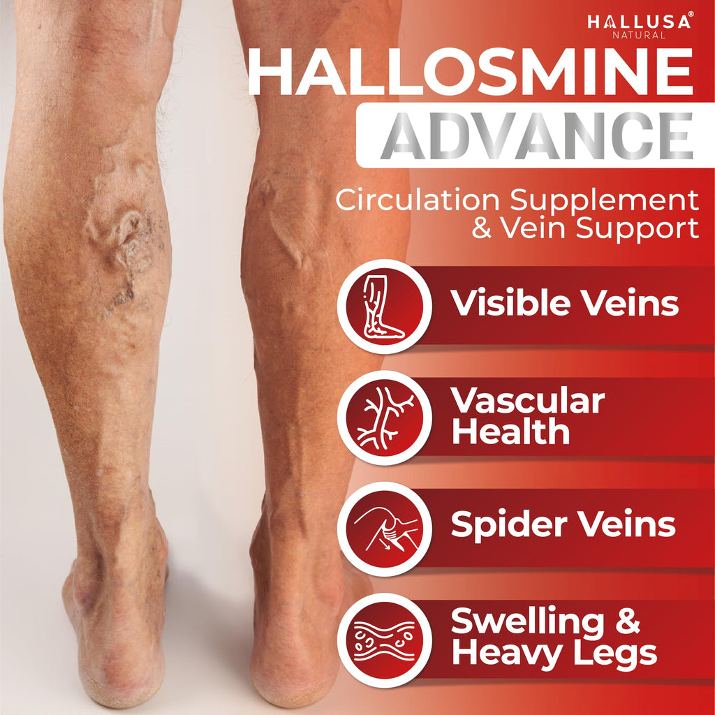 Hallusa Natural Hallosmine Advance 1000mg Diosmin Circulation & Vein Support Supplement, Vascular Health, Visible Veins, Spider Veins, Blood Flow, Swelling & Heavy Legs 60 Count (60 Capsules)